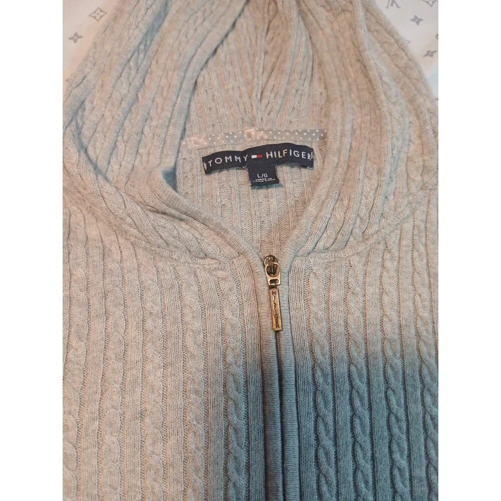 Tommy Hilfiger Cable-Knit Hooded Full Zip Gray Sweater Women’s Large Long Sleeve